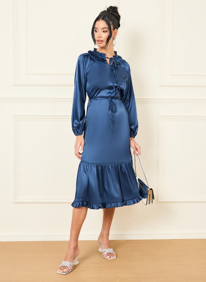 Styli Satin Ruffled Detail Tie Up Neck A-Line Midi Dress - Image 2