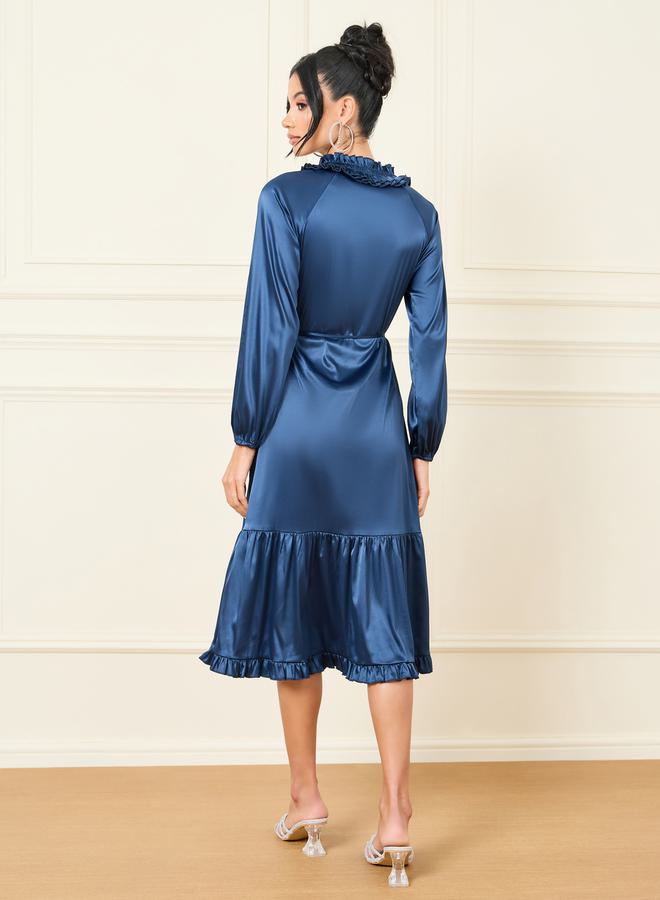 Styli Satin Ruffled Detail Tie Up Neck A-Line Midi Dress - Image 4