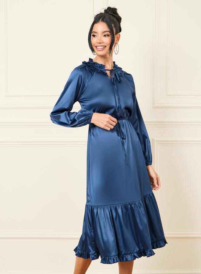 Styli Satin Ruffled Detail Tie Up Neck A-Line Midi Dress - Image 1