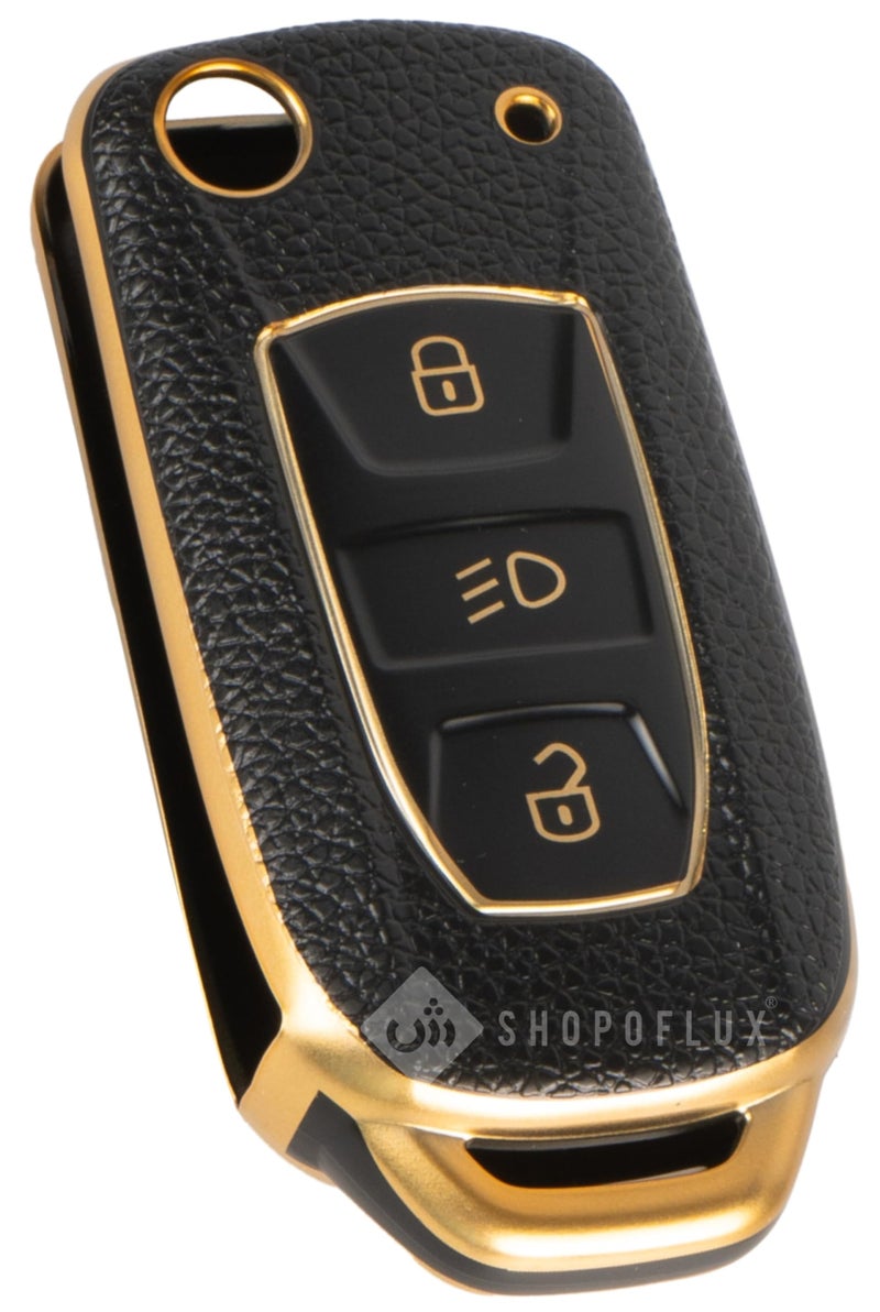 SHOPOFLUX TPU Leather Key Cover Compatible with Tata Tiago | Nexon | Altroz | Curvv | Safari | Storme | Zest | Bolt | Tigor | Punch | Hexa 3 Button Flip Key (Black Gold) - Image 1