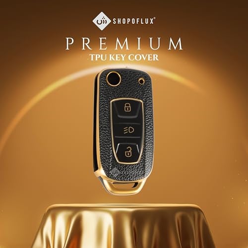 SHOPOFLUX TPU Leather Key Cover Compatible with Tata Tiago | Nexon | Altroz | Curvv | Safari | Storme | Zest | Bolt | Tigor | Punch | Hexa 3 Button Flip Key (Black Gold) - Image 5