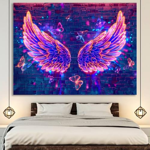Manicer Blacklight Angel Wings Tapestry, UV Reactive Neon Wings Wall Hanging Tapestries, Fluorecent Butterfly Aesthetic Wall Art Decor for Bedroom, Living Room - 70.9" x 90.6" - Image 5