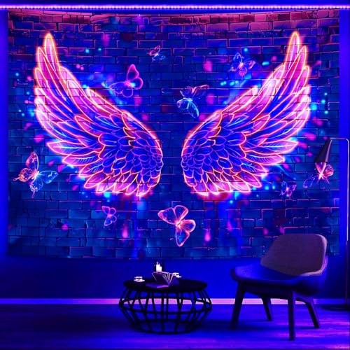 Manicer Blacklight Angel Wings Tapestry, UV Reactive Neon Wings Wall Hanging Tapestries, Fluorecent Butterfly Aesthetic Wall Art Decor for Bedroom, Living Room - 70.9" x 90.6" - Image 3