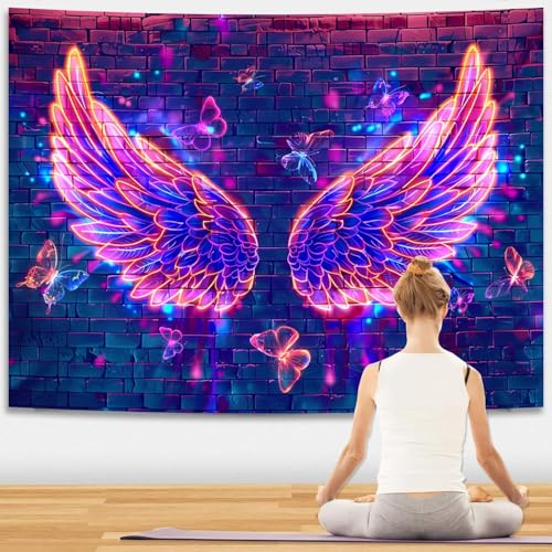 Manicer Blacklight Angel Wings Tapestry, UV Reactive Neon Wings Wall Hanging Tapestries, Fluorecent Butterfly Aesthetic Wall Art Decor for Bedroom, Living Room - 70.9" x 90.6" - Image 4