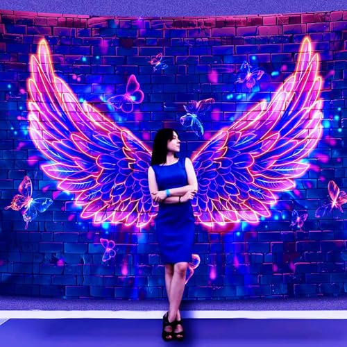 Manicer Blacklight Angel Wings Tapestry, UV Reactive Neon Wings Wall Hanging Tapestries, Fluorecent Butterfly Aesthetic Wall Art Decor for Bedroom, Living Room - 70.9" x 90.6" - Image 1