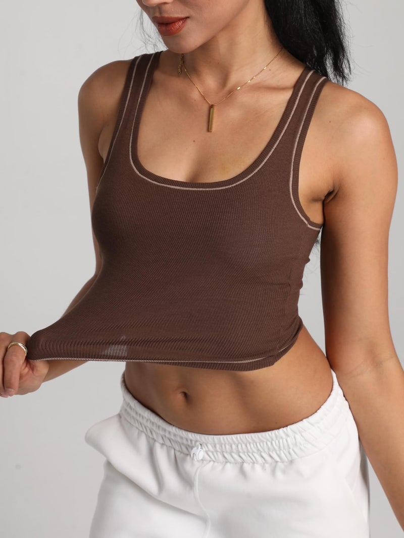 Danysu Women Cotton Rib Tank Top with Built in Bra Square Neck Crop Tank Fitted Basic Tops Cocoa S - Image 3