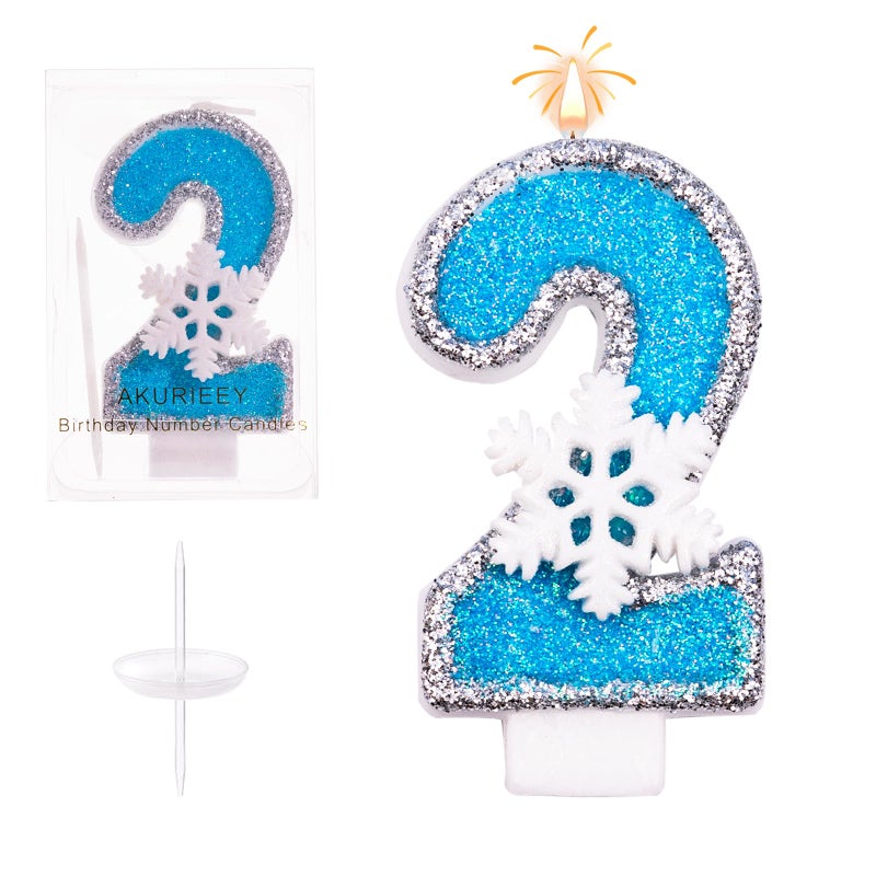 AKURIEEY 2nd Blue Snowflake Birthday Candles Frozen Themed Number 2 Candles for Cake Topper Cupcake Decorations Party Decor Anniversary Celebrations Supplies - Image 1