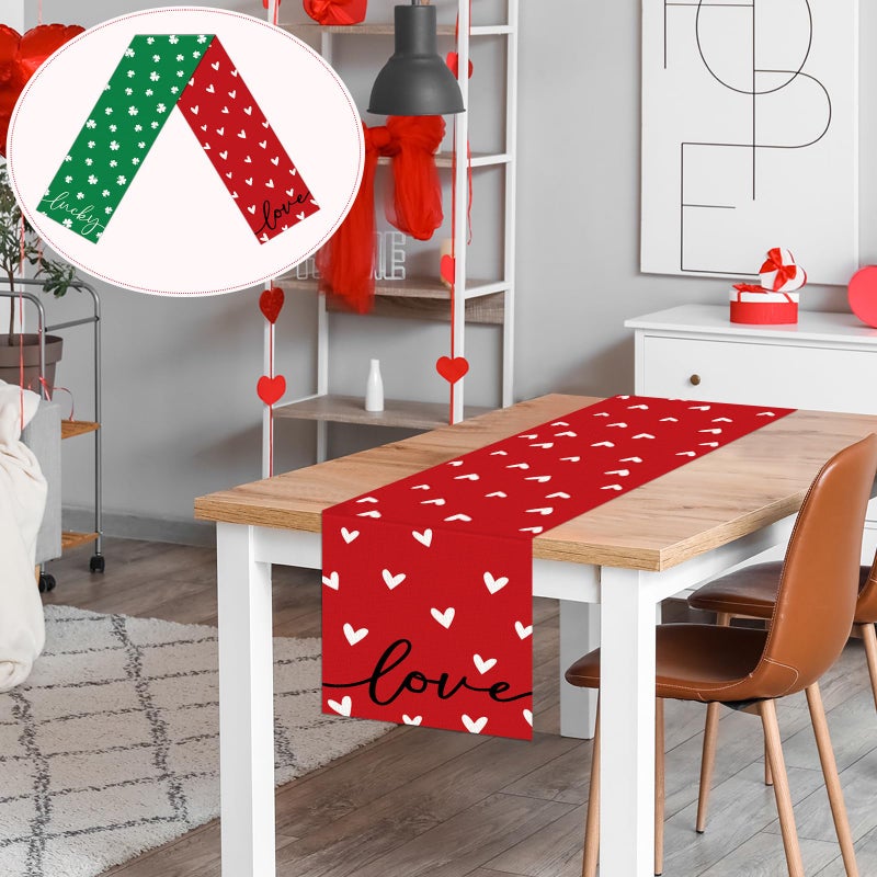 QOUBAI St. Patrick's Day Linen Table Runner Valentine's Day Table Runner Red Love and Green Lucky Shamrock Tables Decoration for Dinning Kitchen Home Party Decoration Supplies (13 x 72Inch) - Image 5