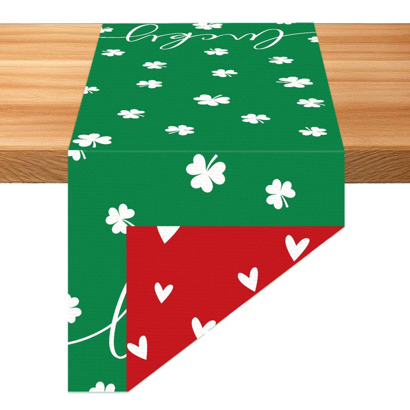 QOUBAI St. Patrick's Day Linen Table Runner Valentine's Day Table Runner Red Love and Green Lucky Shamrock Tables Decoration for Dinning Kitchen Home Party Decoration Supplies (13 x 72Inch) - Image 1