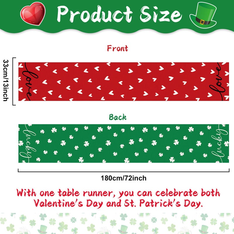 QOUBAI St. Patrick's Day Linen Table Runner Valentine's Day Table Runner Red Love and Green Lucky Shamrock Tables Decoration for Dinning Kitchen Home Party Decoration Supplies (13 x 72Inch) - Image 2
