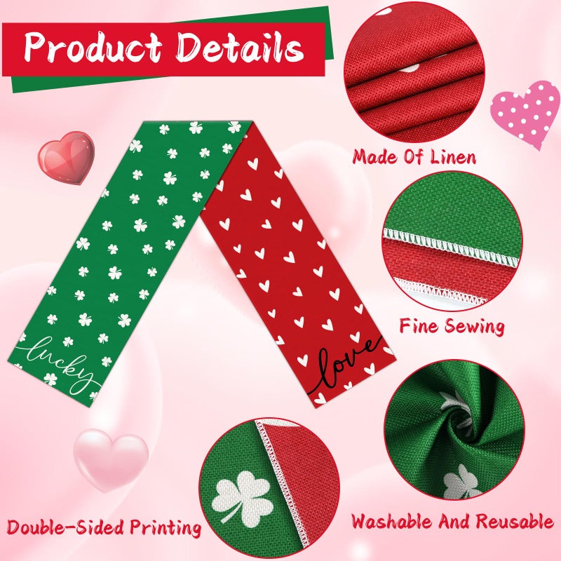 QOUBAI St. Patrick's Day Linen Table Runner Valentine's Day Table Runner Red Love and Green Lucky Shamrock Tables Decoration for Dinning Kitchen Home Party Decoration Supplies (13 x 72Inch) - Image 3