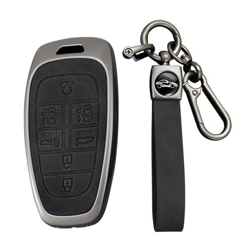 KUNIO Smart Car Key Fob Cover Fit for Hyundai Sonata Santa Fe Tucson Palisade Grandeur Ioniq 5 New Grand 2020-2025 PU Leather Key Protector Zinc Alloy Key Holder 7 Button Black-Long Keychain - Image 1