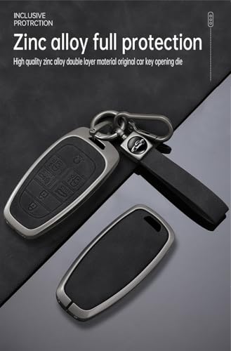 KUNIO Smart Car Key Fob Cover Fit for Hyundai Sonata Santa Fe Tucson Palisade Grandeur Ioniq 5 New Grand 2020-2025 PU Leather Key Protector Zinc Alloy Key Holder 7 Button Black-Long Keychain - Image 4