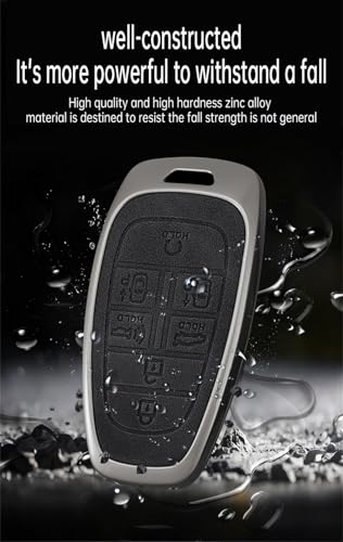 KUNIO Smart Car Key Fob Cover Fit for Hyundai Sonata Santa Fe Tucson Palisade Grandeur Ioniq 5 New Grand 2020-2025 PU Leather Key Protector Zinc Alloy Key Holder 7 Button Black-Long Keychain - Image 3