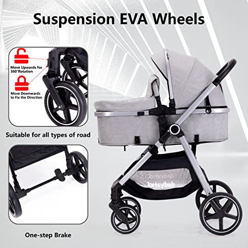 Lortsybab 2-in-1 Baby Stroller - Folding Infant Newborn Pram Stroller with Reversible Seat - Toddler Strollers for 0-36 Months Old Babies (Grey) - Image 5