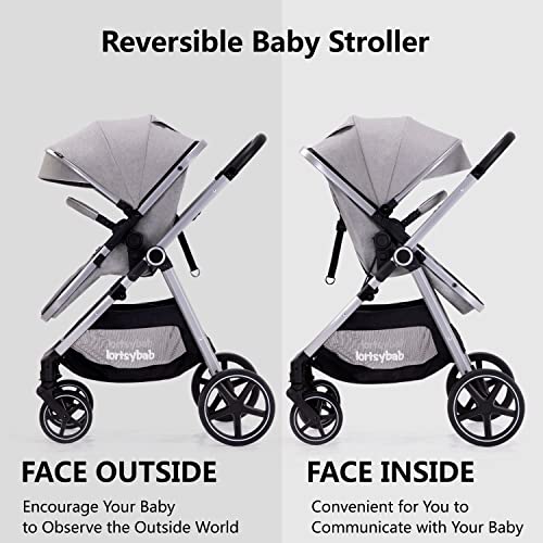 Lortsybab 2-in-1 Baby Stroller - Folding Infant Newborn Pram Stroller with Reversible Seat - Toddler Strollers for 0-36 Months Old Babies (Grey) - Image 3