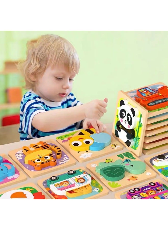 Wooden Advanced Three-Dimensional Puzzle Set Educational Toys For Young Children Boys And Girls Baby Cartoon Animal Puzzle 3-6-Color:Style 4 (fire Truck + Submarine + Ship + Excavator) - Image 3
