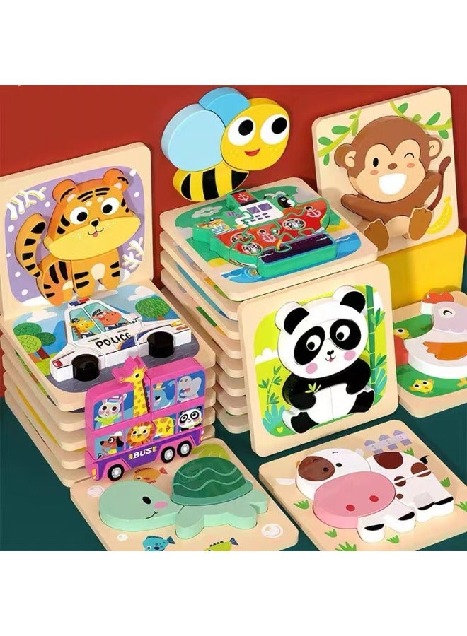Wooden Advanced Three-Dimensional Puzzle Set Educational Toys For Young Children Boys And Girls Baby Cartoon Animal Puzzle 3-6-Color:Style 4 (fire Truck + Submarine + Ship + Excavator) - Image 2