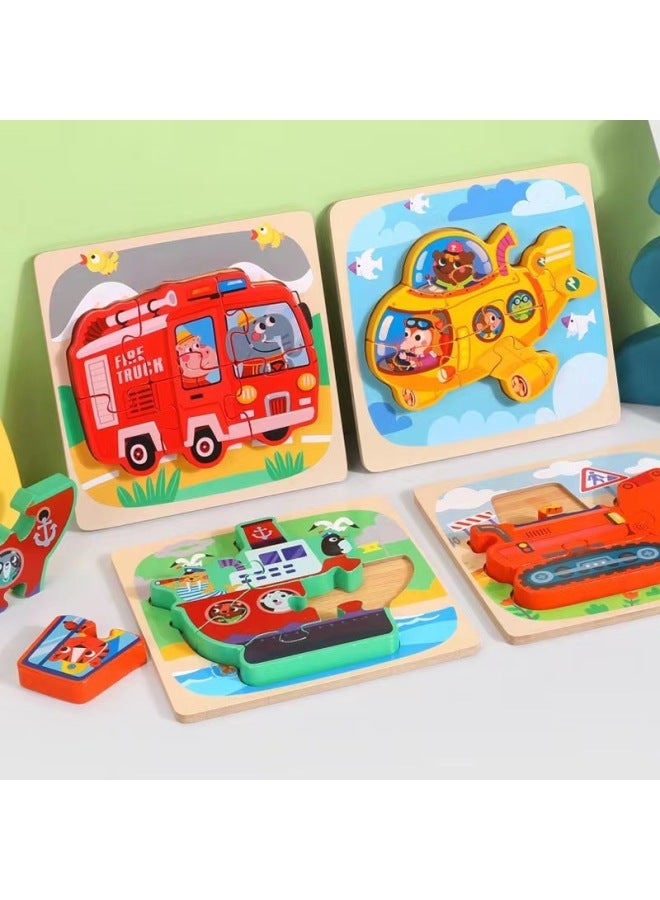 Wooden Advanced Three-Dimensional Puzzle Set Educational Toys For Young Children Boys And Girls Baby Cartoon Animal Puzzle 3-6-Color:Style 4 (fire Truck + Submarine + Ship + Excavator) - Image 1