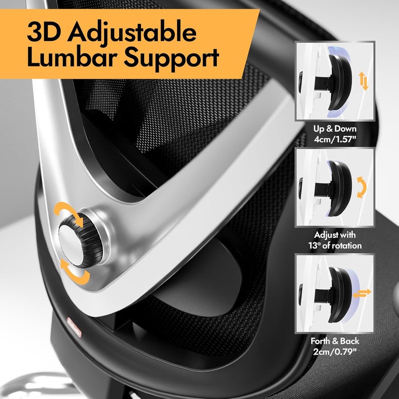 HOLLUDLE كرسي مكتب هولودل المريح بشبكة - دعم قطني قابل للتعديل 3D ومساند ذراعين قابلة للتعديل 3D، ظهر على شكل V، كرسي مكتب قابل للتعديل للمكتب والمنزل، أسود - Image 3