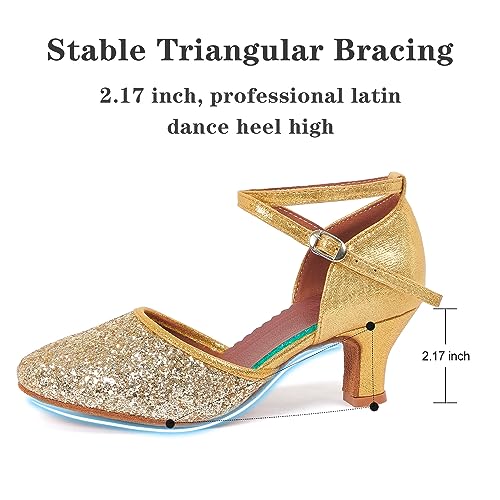 iCKER Womens Latin Dance Shoes Heeled Ballroom Salsa Tango Party Sequin Dance Shoes Gold 9 - Image 2