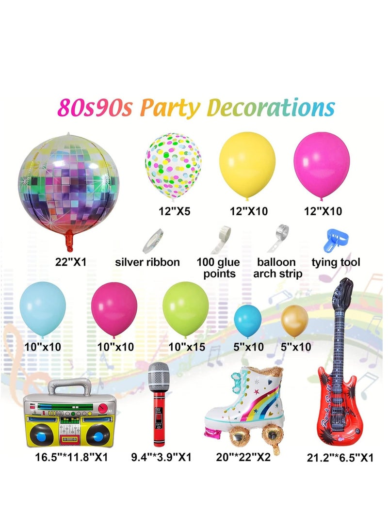 90s 80s Theme Party Decorations, 90Pcs Balloon Arch Kit 6PCS Inflatable Retro Disco Ball Microphone Rainbow Roller Skate Boom Box Guitar Balloon for Back to 90s 80s Hip Hop Birthday Supplies