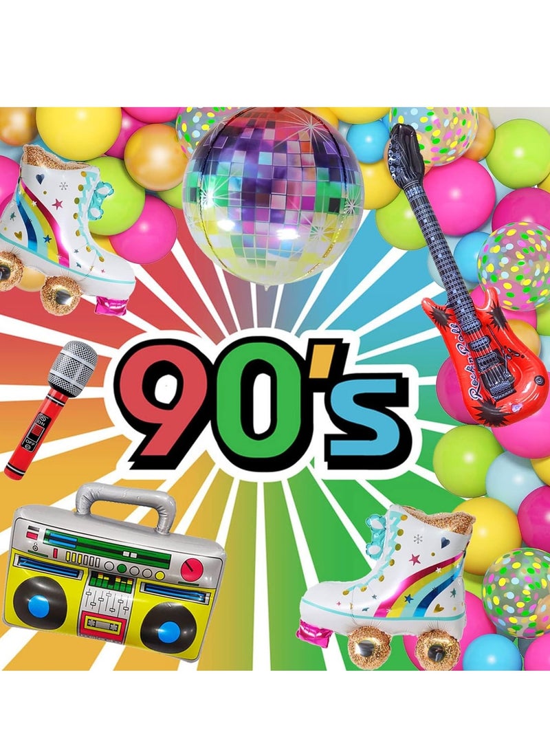 90s 80s Theme Party Decorations, 90Pcs Balloon Arch Kit 6PCS Inflatable Retro Disco Ball Microphone Rainbow Roller Skate Boom Box Guitar Balloon for Back to 90s 80s Hip Hop Birthday Supplies