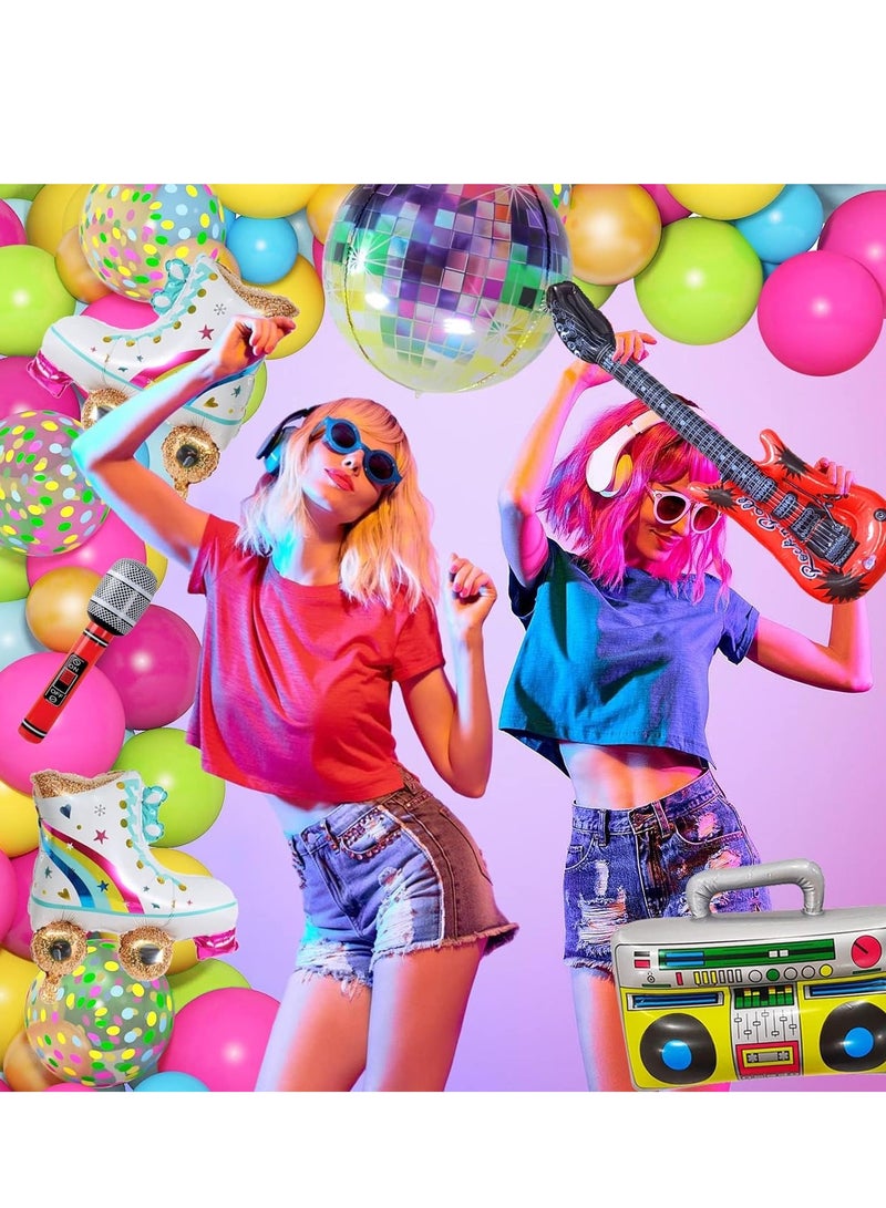 90s 80s Theme Party Decorations, 90Pcs Balloon Arch Kit 6PCS Inflatable Retro Disco Ball Microphone Rainbow Roller Skate Boom Box Guitar Balloon for Back to 90s 80s Hip Hop Birthday Supplies