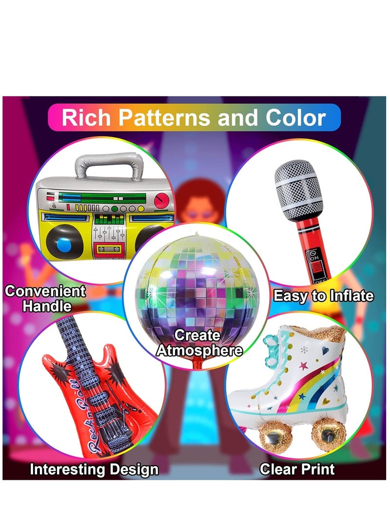 90s 80s Theme Party Decorations, 90Pcs Balloon Arch Kit 6PCS Inflatable Retro Disco Ball Microphone Rainbow Roller Skate Boom Box Guitar Balloon for Back to 90s 80s Hip Hop Birthday Supplies