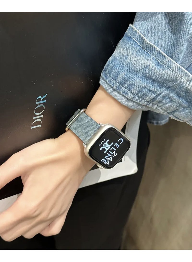 Stylish Denim & Metal Watch Band for Apple Watch - Fits 42/44/45/49mm, Compatible with Series 1-8/SE/Ultra, Silvery-Toned Clasp, Durable & Fashionable Design, Apple Watch Accessories  - Image 2
