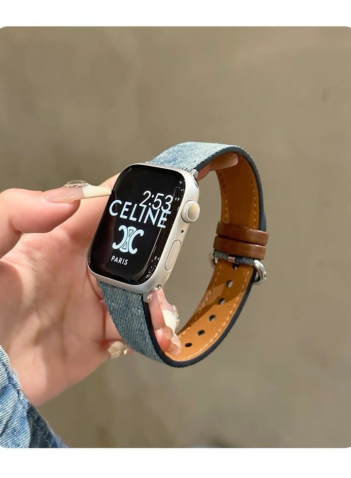 Stylish Denim & Metal Watch Band for Apple Watch - Fits 42/44/45/49mm, Compatible with Series 1-8/SE/Ultra, Silvery-Toned Clasp, Durable & Fashionable Design, Apple Watch Accessories  - Image 5