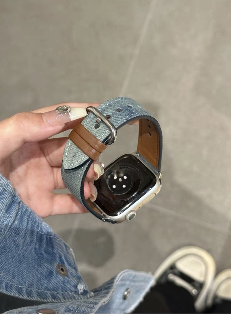 Stylish Denim & Metal Watch Band for Apple Watch - Fits 42/44/45/49mm, Compatible with Series 1-8/SE/Ultra, Silvery-Toned Clasp, Durable & Fashionable Design, Apple Watch Accessories  - Image 3