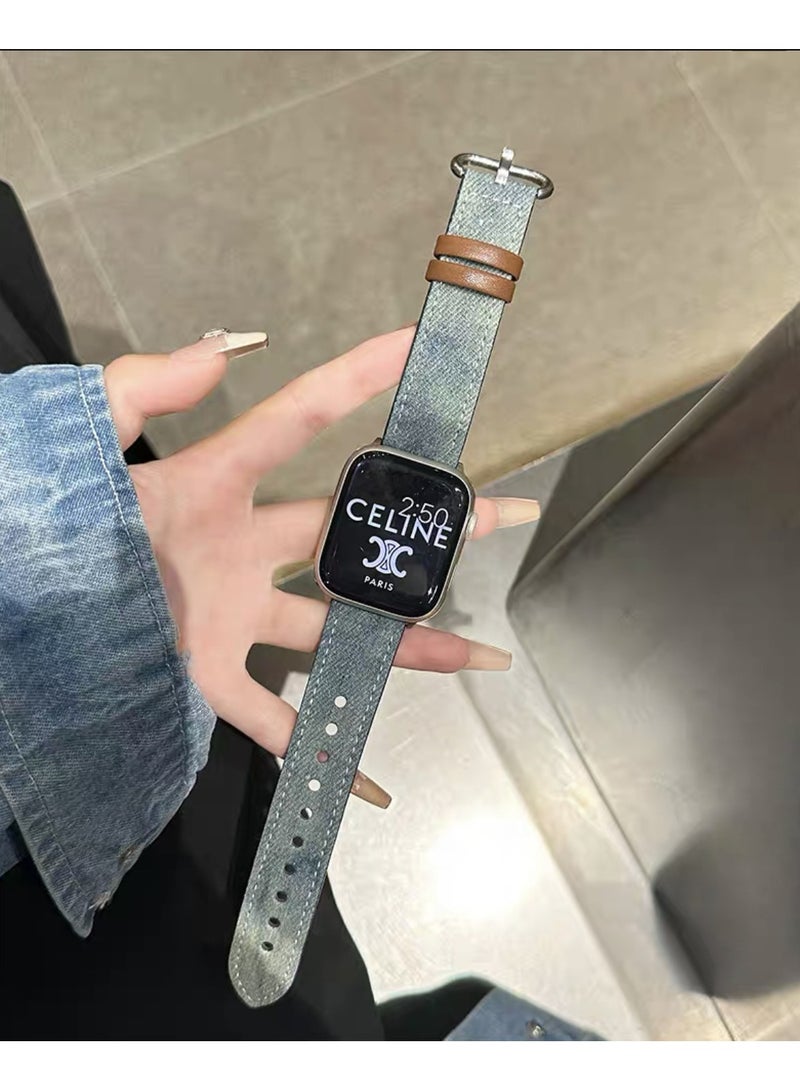 Stylish Denim & Metal Watch Band for Apple Watch - Fits 42/44/45/49mm, Compatible with Series 1-8/SE/Ultra, Silvery-Toned Clasp, Durable & Fashionable Design, Apple Watch Accessories  - Image 1