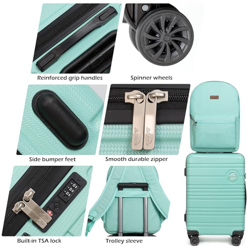 Aklsvion ABS+PC Carry on Luggage set with backpack 3 Pcs suitcace with Spinner wheels TSA Lock 20-In hardshell Lightweight Luggage set (Mint Green) - Image 3