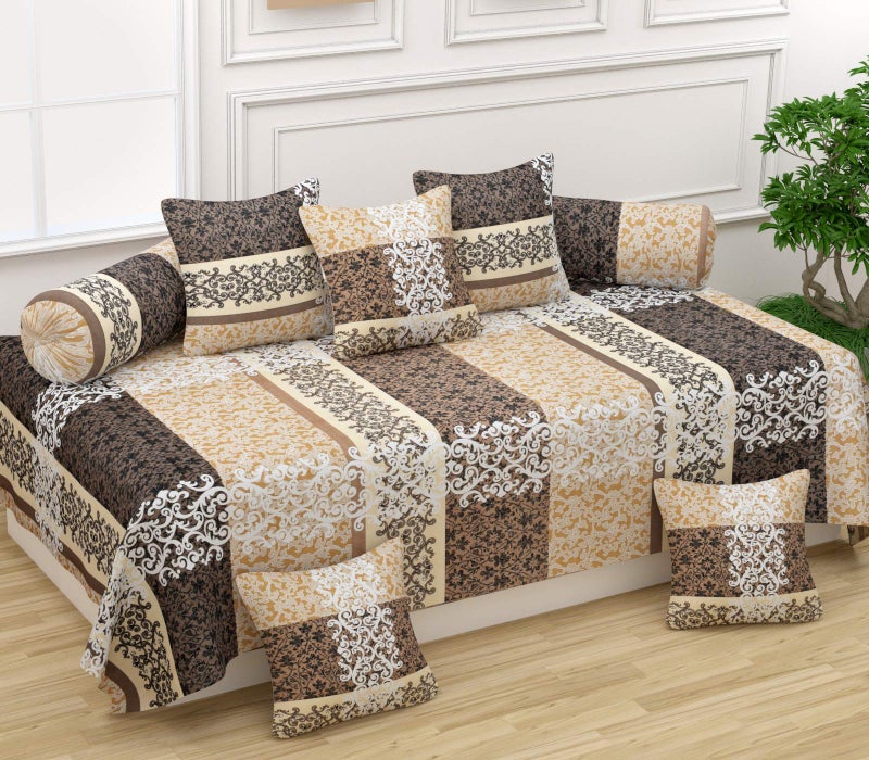 Castiqa Microfiber Unique Patterns Diwan Set of Bedsheet, 2 Bolsters and 5 Cushion Covers (Beige and Brown, Standard, 8 Pieces Set) - Image 4