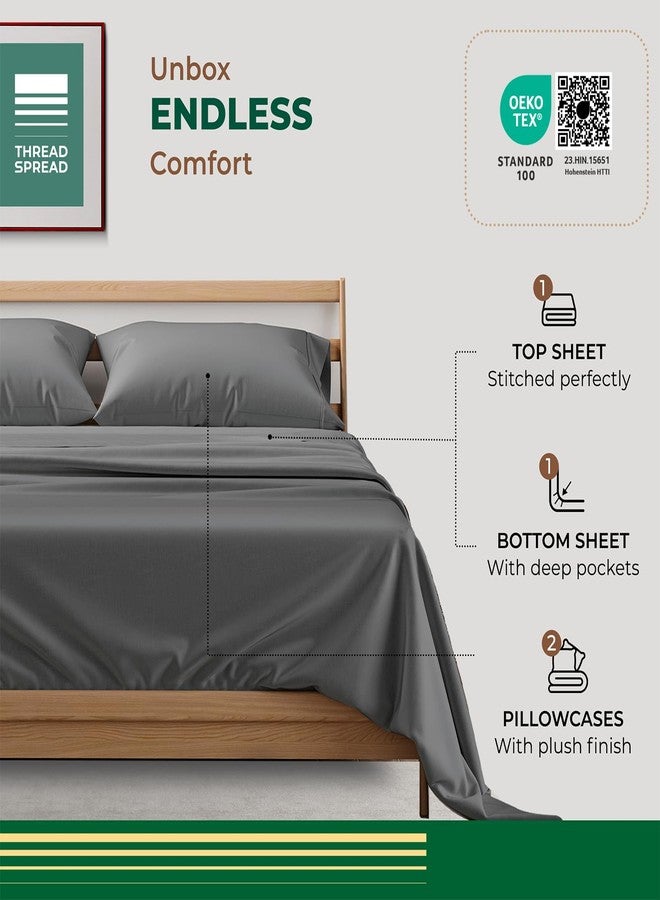 THREAD SPREAD 100% Organic Cotton Sheets King Size - 4 PC Organic Cotton King Percale Weave Sheet Set, Soft, Cooling, Crisp & Breathable, 16" Deep Pocket Hotel Quality Bedding Set - Dark Grey - Image 3