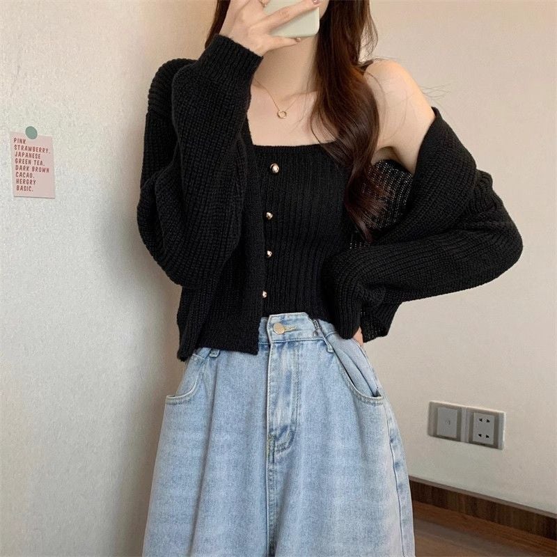 Gentle Style Long-sleeved Knitted Cardigan Coat Womens Autumn and Winter Sling Shawl Two-piece Suit Small Short Top Black