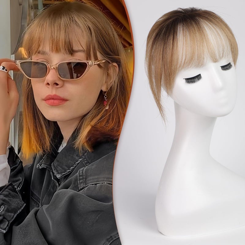 HAIRCUBE Bangs Hair Clip in Bangs 100% Real Human Hair Bangs Clip in Hair Extensions Fake Bangs Air Bangs Hairpieces for woman with Temples 3 Secure Clips in Full Fringe (Ombre Ash Blonde) - Image 1