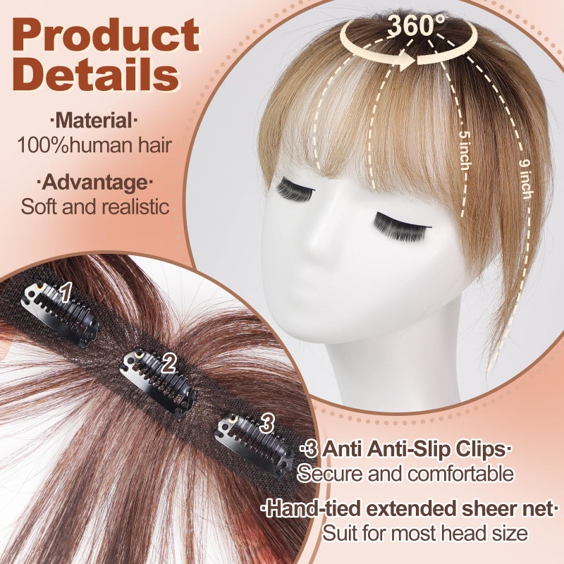 HAIRCUBE Bangs Hair Clip in Bangs 100% Real Human Hair Bangs Clip in Hair Extensions Fake Bangs Air Bangs Hairpieces for woman with Temples 3 Secure Clips in Full Fringe (Ombre Ash Blonde) - Image 3