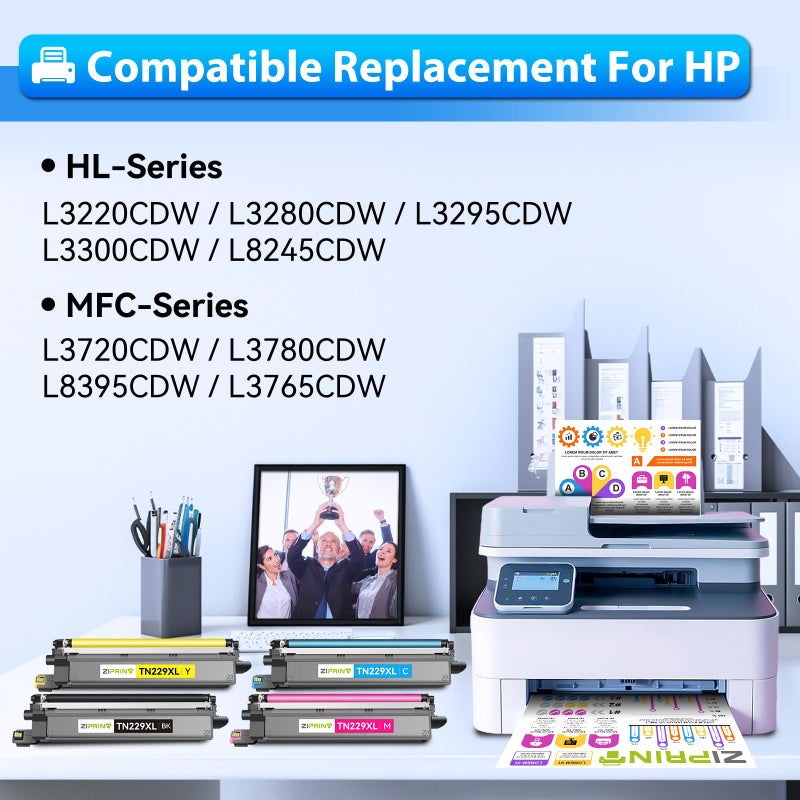ZIPRINT TN229XL TN229 Toner 4 Pack Compatible Replacement for Brother TN229XL TN 229 Toner Cartridges for MFC-L3780CDW HL-L3280CDW MFC-L3720CDW HL-L3220CDW HL-L3300CDW HL-L3295CDW Printer - Image 2