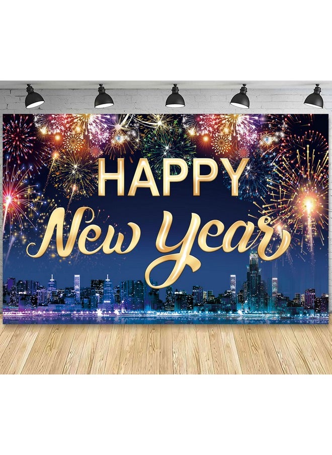 Famoby Happy New Year Fabric Sign Poster Banner Backdrop With Fireworks For New Year Photo Booth Background Party Decorations  - Image 1