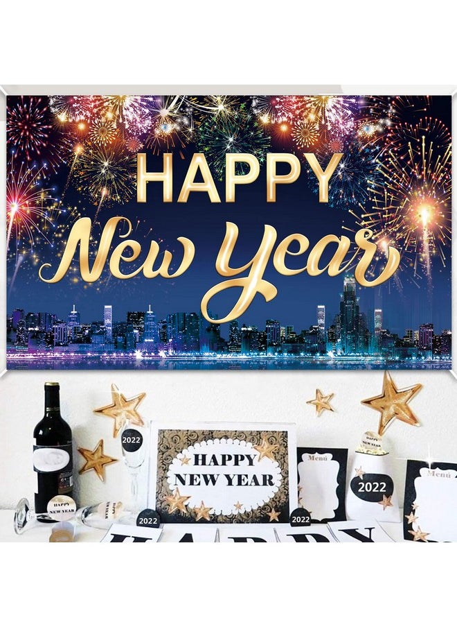 Famoby Happy New Year Fabric Sign Poster Banner Backdrop With Fireworks For New Year Photo Booth Background Party Decorations  - Image 4