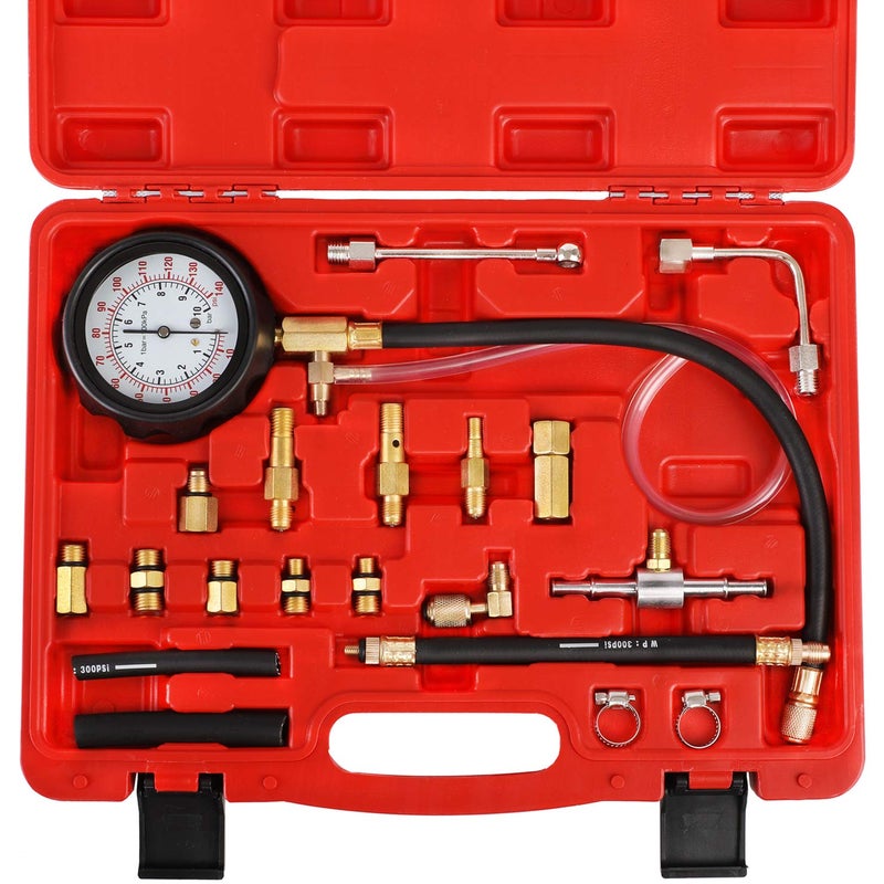 YSTOOL Fuel Pressure Tester Gauge Kit 140PSI Automotive Engine Injector Pump Test Gasoline Gas Injection Manometer Tool Set with Inline Fitting Schrader Adapter for Auto Car Motorcycle Red Case