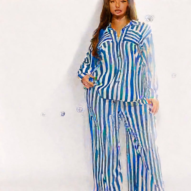 Women's 2-Piece Striped Button-Down Shirt and Pants Lounge Set - Image 1