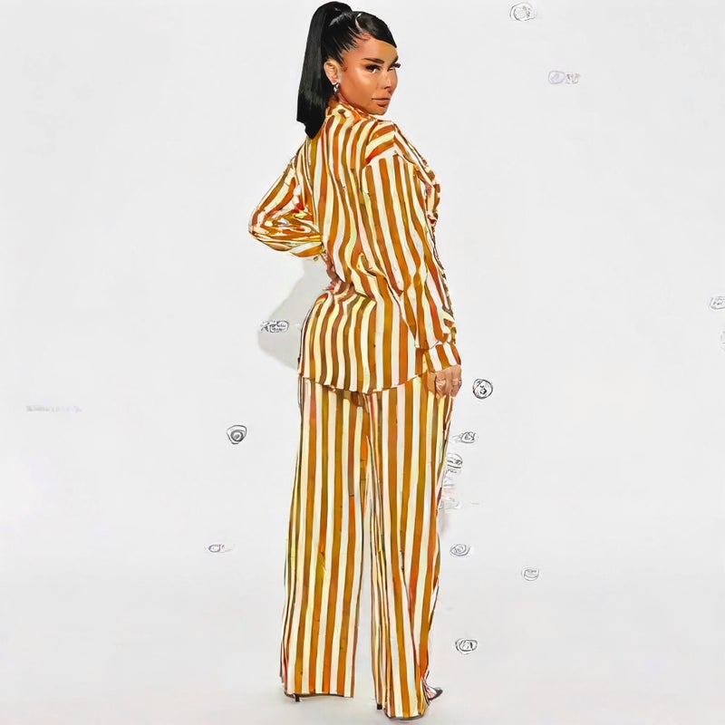 Women's 2-Piece Striped Button-Down Shirt and Pants Lounge Set - Image 2