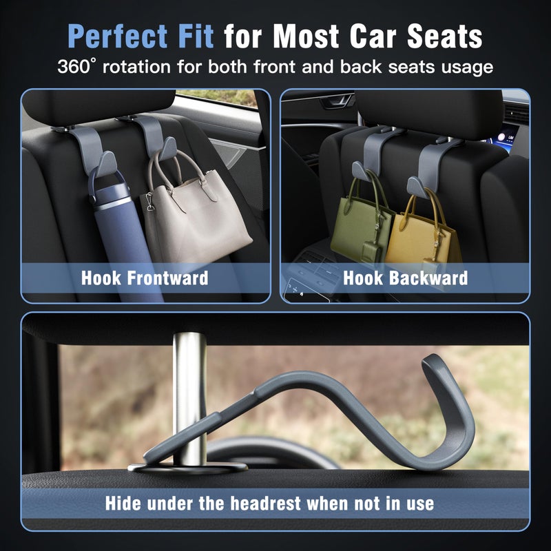 Amooca Car Seat Headrest Hook 4 Pack Hanger Universal Vehicle Car Storage Organizer for Handbag Purse Coat S Type Grey - Image 4