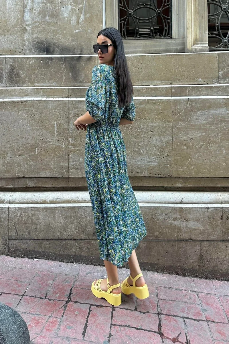 For You Moda For You Fashion Chiffon Lined Waist Gathered Patterned Long Green Dress