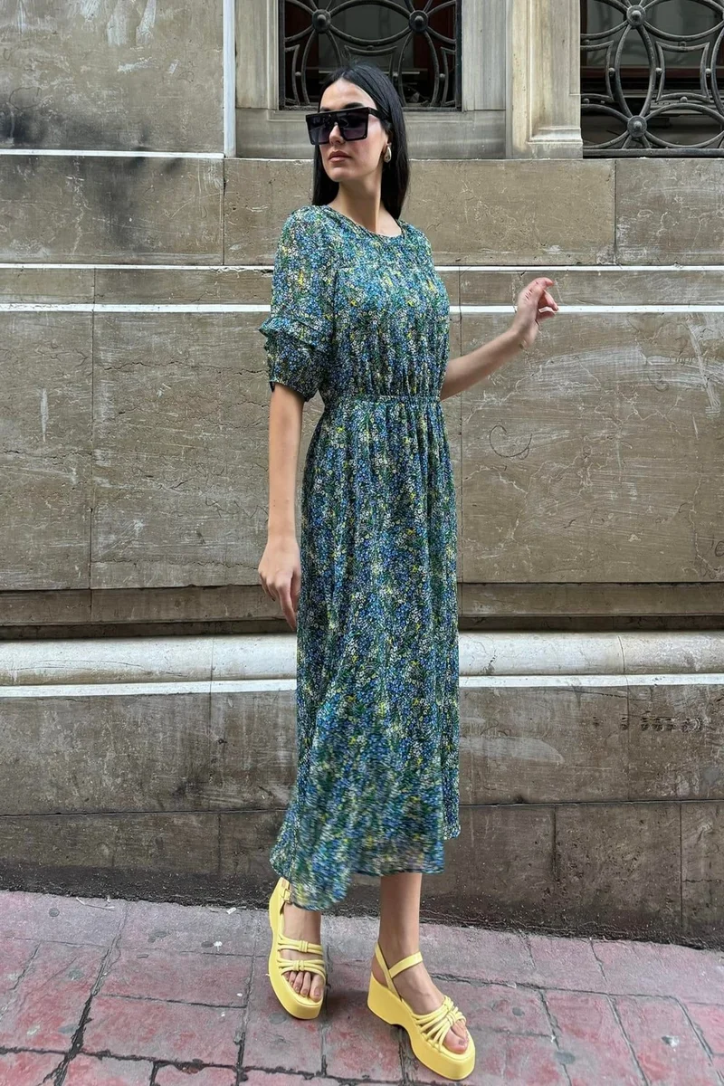 For You Moda For You Fashion Chiffon Lined Waist Gathered Patterned Long Green Dress