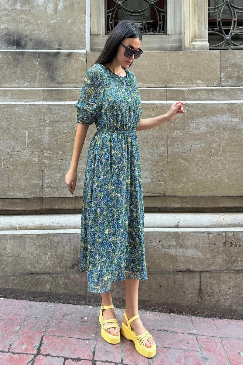 For You Moda For You Fashion Chiffon Lined Waist Gathered Patterned Long Green Dress