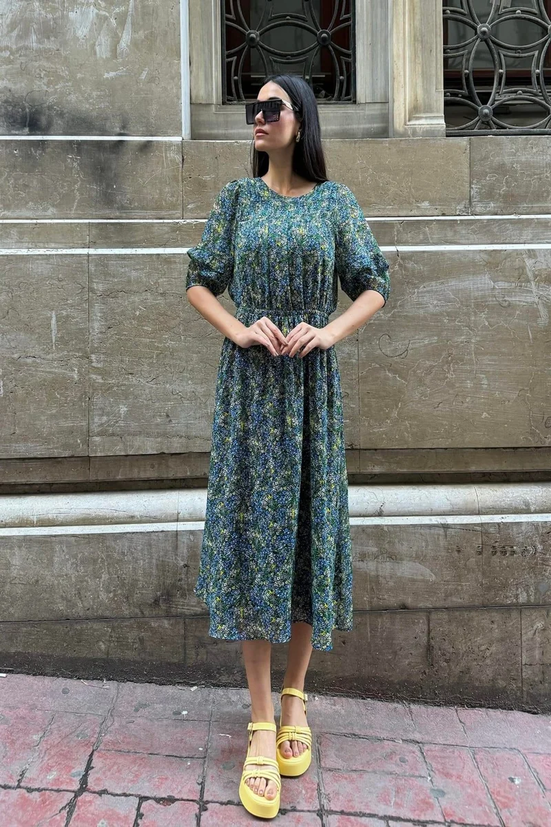 For You Moda For You Fashion Chiffon Lined Waist Gathered Patterned Long Green Dress